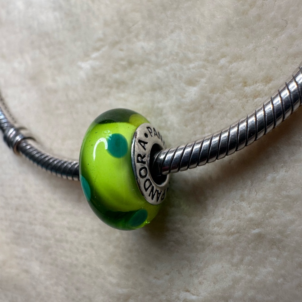 Pandora Green Polka Dot Charm Murano Glass ALE 925 Retired #790613